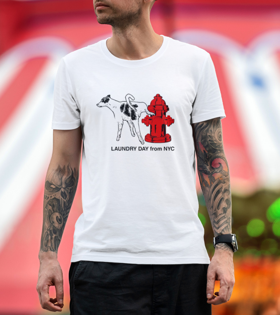 NYC Humorous Dog and Fire Hydrant Laundry Day Scene T-Shirt