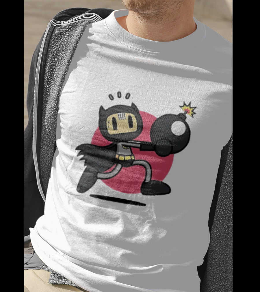Batman Meets Bomberman Crossover With Iconic Superhero Cape And Explosive Action T-Shirt
