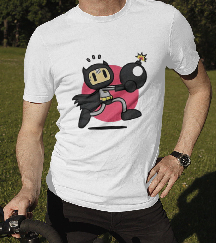 Batman Meets Bomberman Crossover With Iconic Superhero Cape And Explosive Action T-Shirt