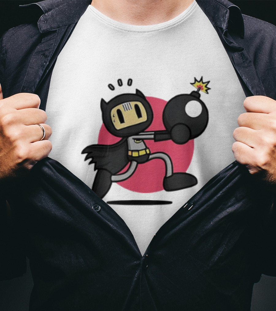 Batman Meets Bomberman Crossover With Iconic Superhero Cape And Explosive Action T-Shirt