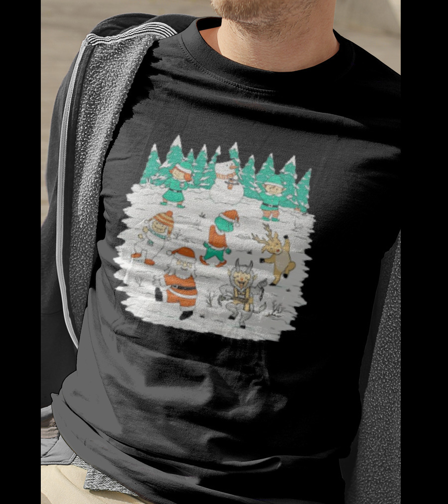 Christmas Dance Party With Santa, Krampus, Grinch, Snowman, And Reindeer In Winter Forest T-Shirt