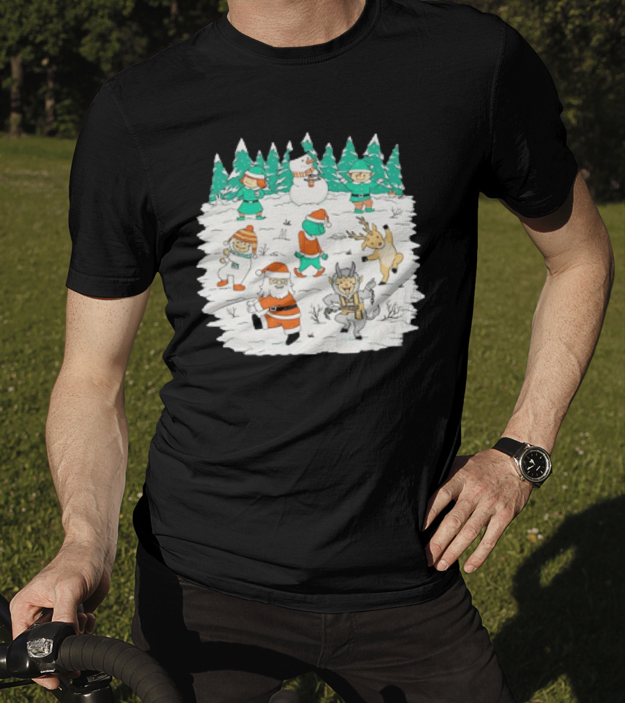 Christmas Dance Party With Santa, Krampus, Grinch, Snowman, And Reindeer In Winter Forest T-Shirt
