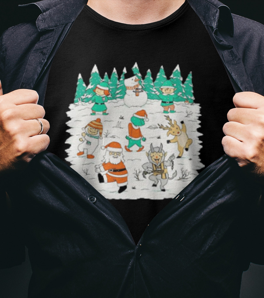 Christmas Dance Party With Santa, Krampus, Grinch, Snowman, And Reindeer In Winter Forest T-Shirt