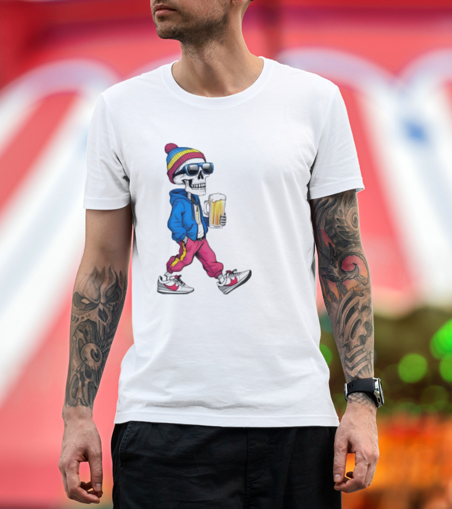 Skeleton Somewhere It's Beer Time Walking with a Mug T-Shirt