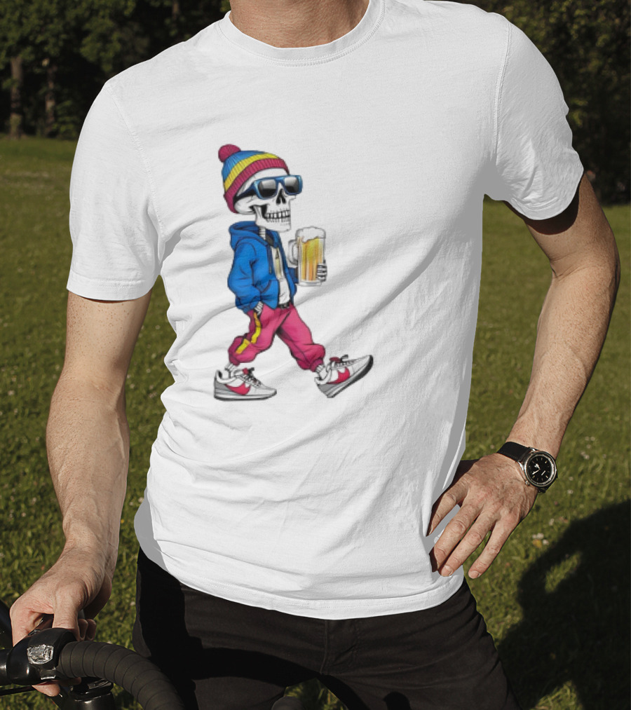 Skeleton Somewhere It's Beer Time Walking With A Mug T-Shirt