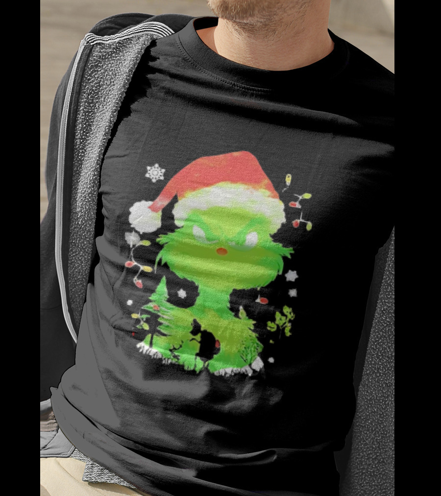 Grinch In Santa Hat Surrounded By Snowflakes And Christmas Lights T-Shirt