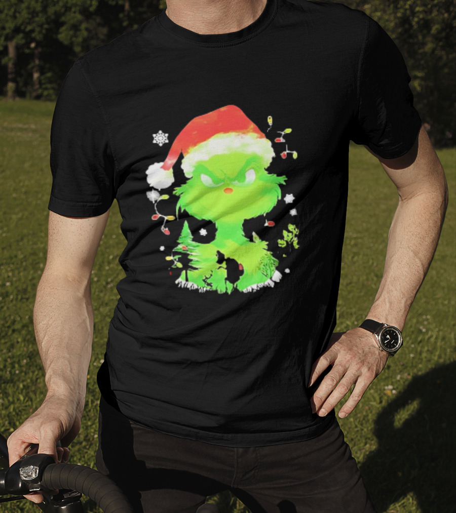 Grinch In Santa Hat Surrounded By Snowflakes And Christmas Lights T-Shirt