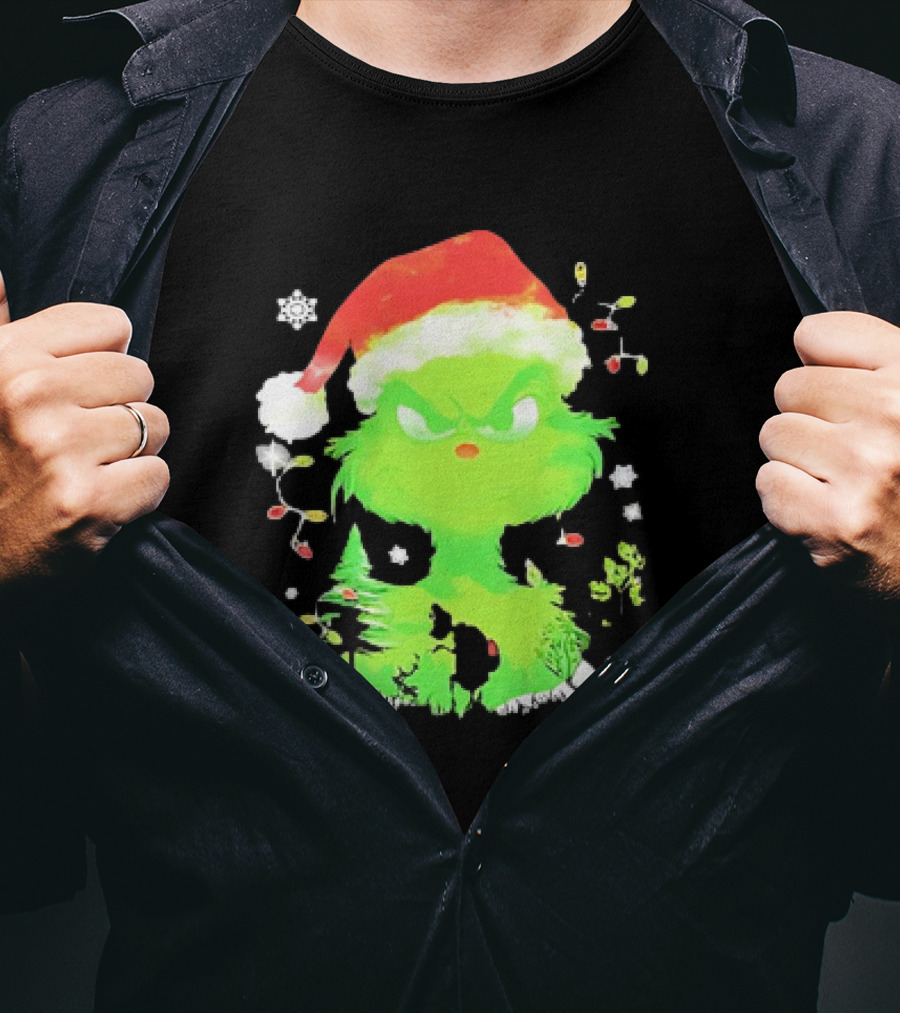 Grinch In Santa Hat Surrounded By Snowflakes And Christmas Lights T-Shirt