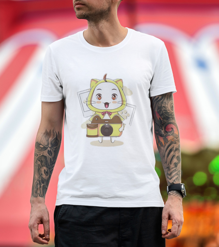 White Cat with Classic Camera Drawing T-Shirt