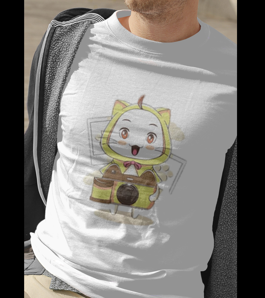 White Cat With Classic Camera Drawing T-Shirt