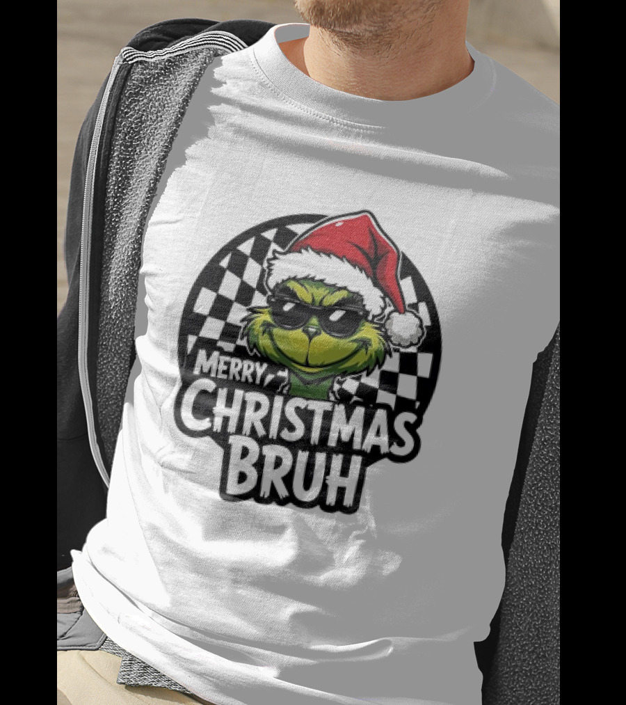 Merry Christmas Bruh Grinch With Santa Hat And Checkered Flags T-Shirt