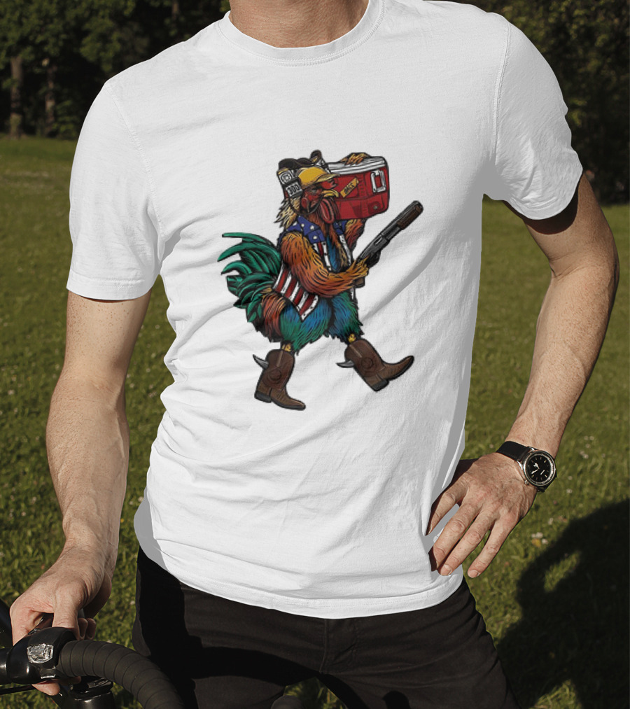 Merica Tacticock Chicken Patriotic Rooster With Beer Cooler And Shotgun T-Shirt