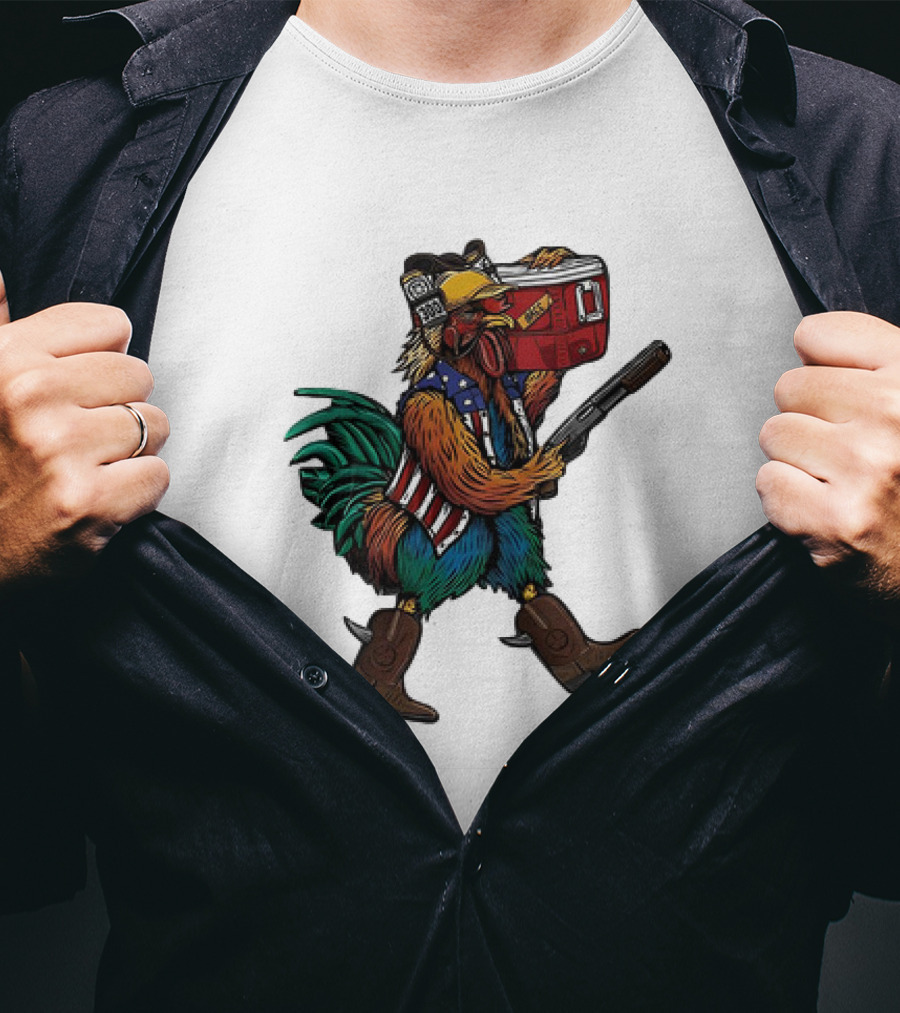 Merica Tacticock Chicken Patriotic Rooster With Beer Cooler And Shotgun T-Shirt