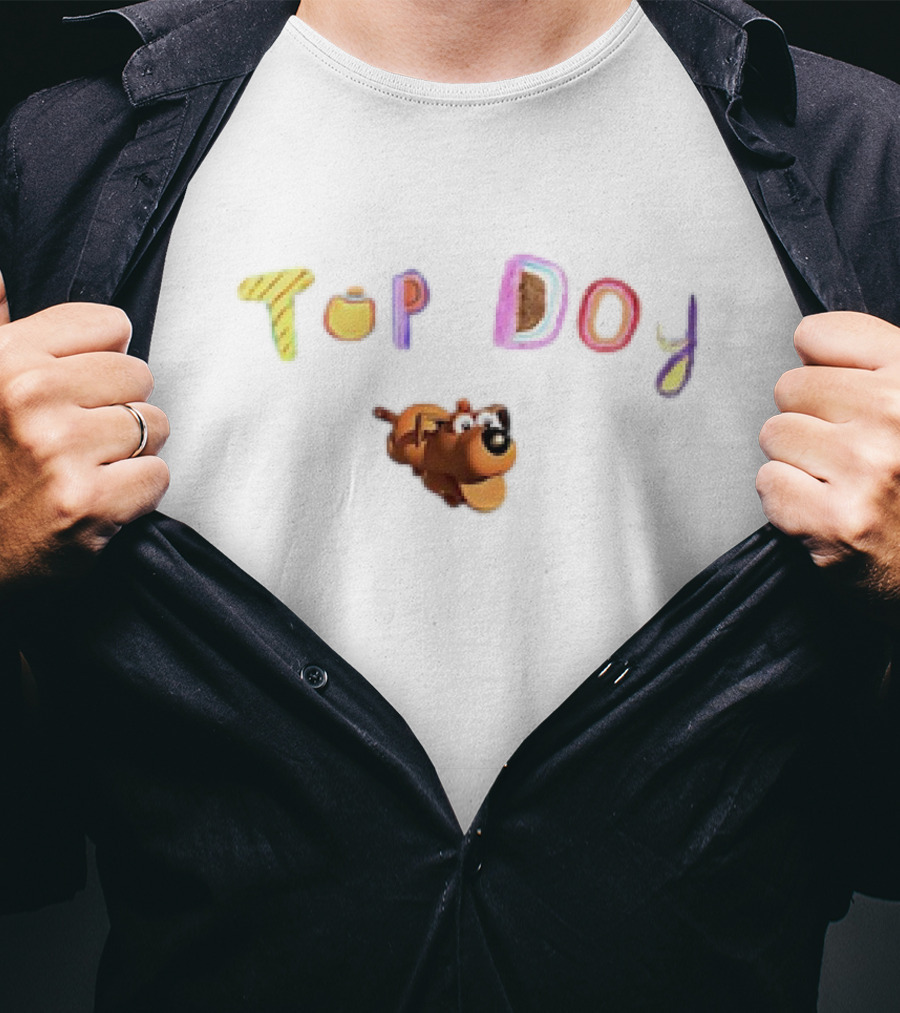 Top Dog Cartoon Character Playful Typography T-Shirt