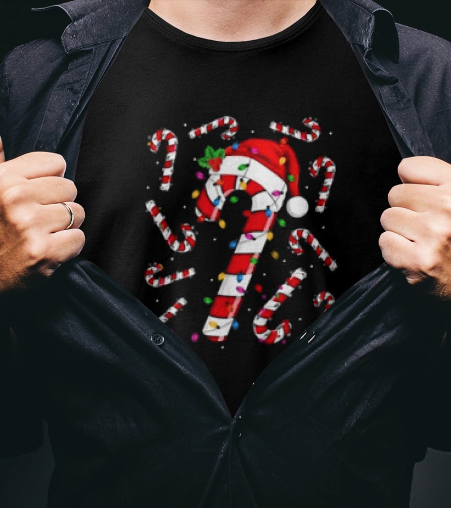 Santa Hat Red And White Candy Cane With Colorful Christmas Lights T-Shirt
