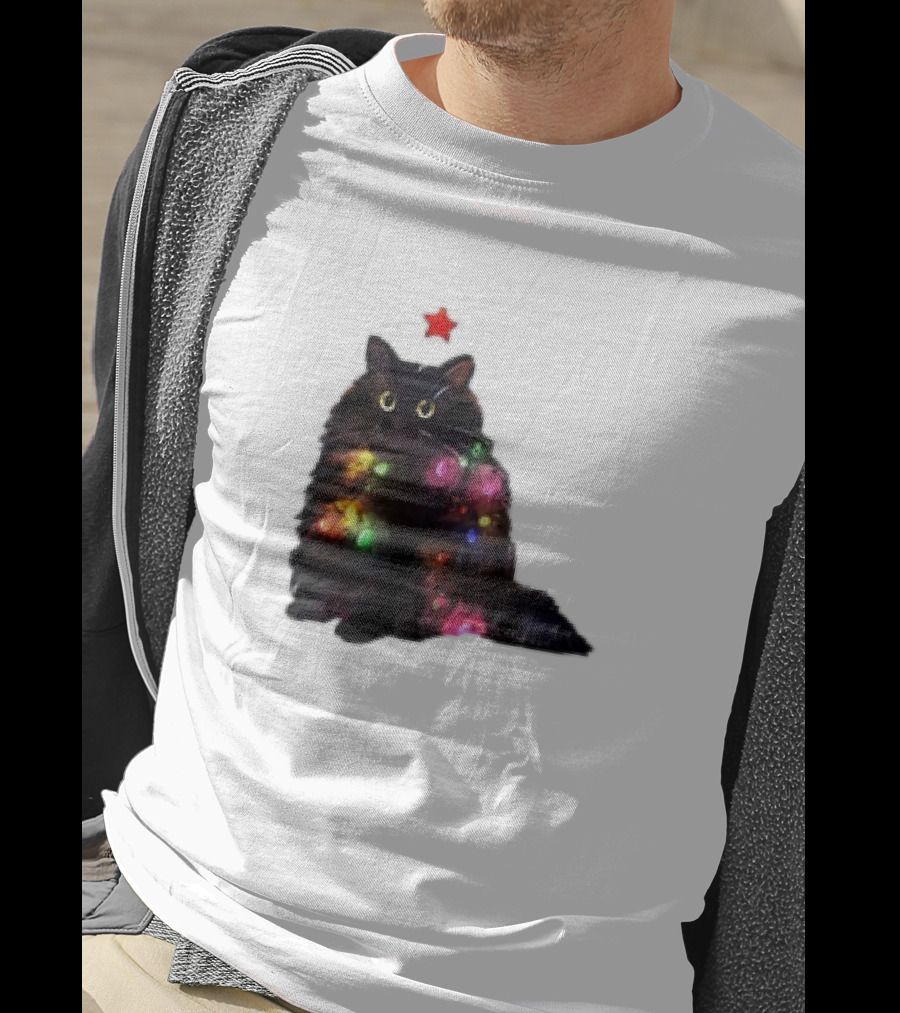 Black Cat Wrapped In Colorful Christmas Lights With Red Star T-Shirt