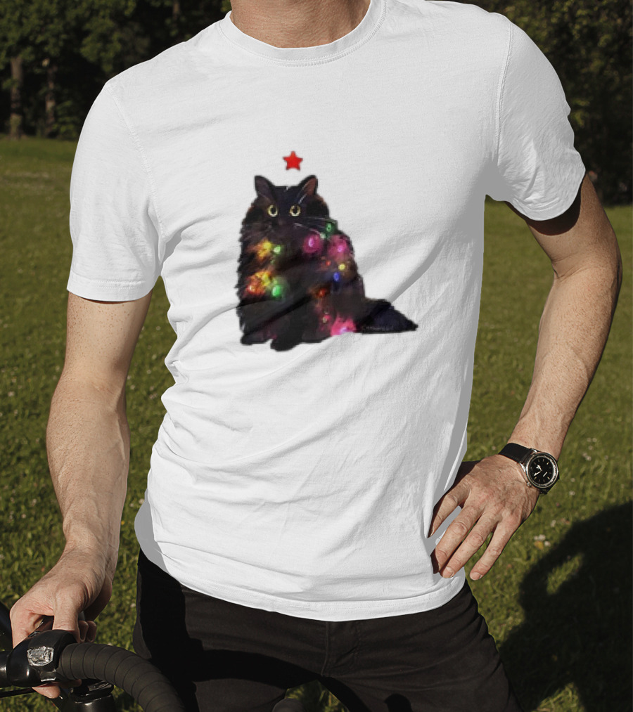 Black Cat Wrapped In Colorful Christmas Lights With Red Star T-Shirt