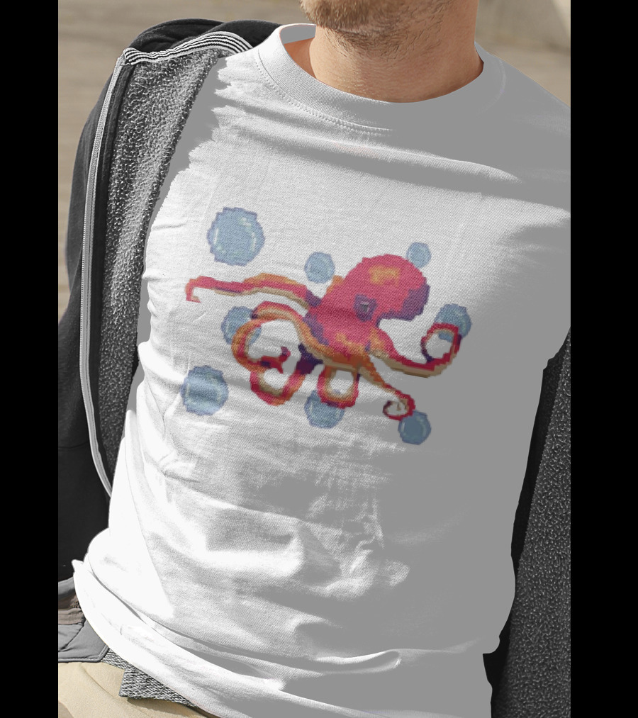 Octopus Swimming Through Blue Bubbles Pixel T-Shirt