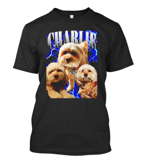 Charlie Three Dogs Blue Lightning Background T-Shirt