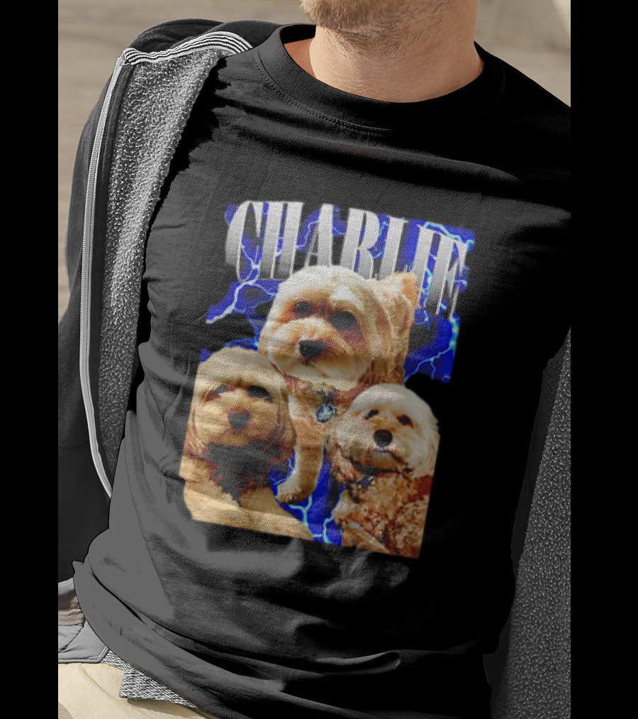 Charlie Three Dogs Blue Lightning Background T-Shirt