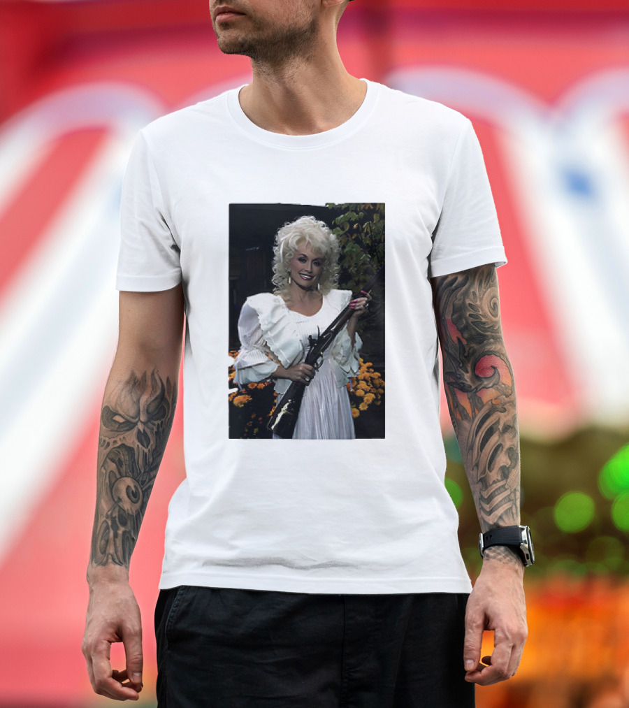 Dolly Parton Holding Rifle with Vintage Humor T-Shirt