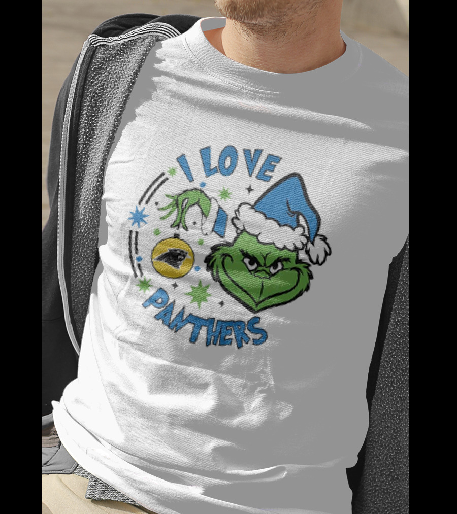 Carolina Panthers X Santa Grinch I Love Panthers Christmas Ornament Green Grinch Blue Santa Hat T-Shirt