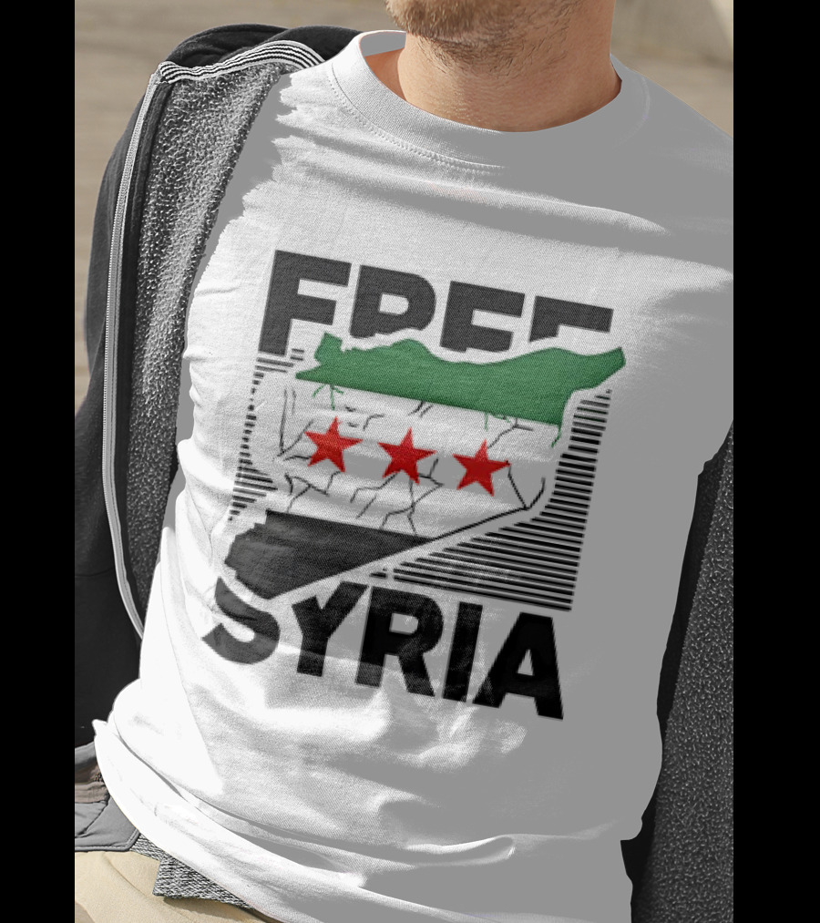 Free Syria Map With Flag Stripes And Red Stars T-Shirt