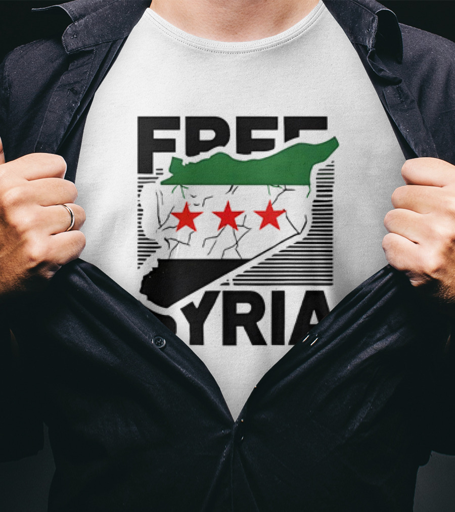 Free Syria Map With Flag Stripes And Red Stars T-Shirt