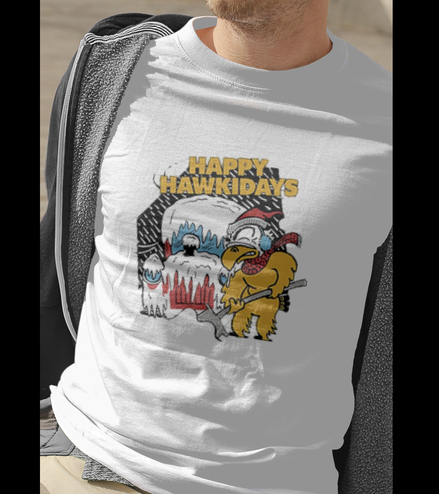 Happy Hawkidays Iowa Hawkeyes Frozen Mascot Holiday Fun T-Shirt