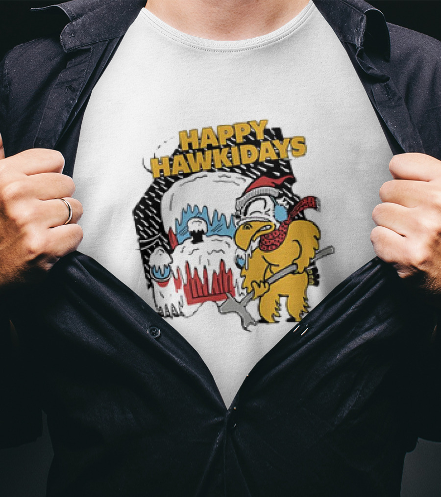 Happy Hawkidays Iowa Hawkeyes Frozen Mascot Holiday Fun T-Shirt