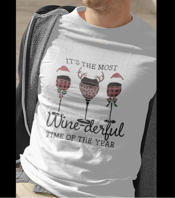It's The Most Wine-derful Time Of The Year Christmas Wine Glasses With Santa Hats And Antlers T-Shirt