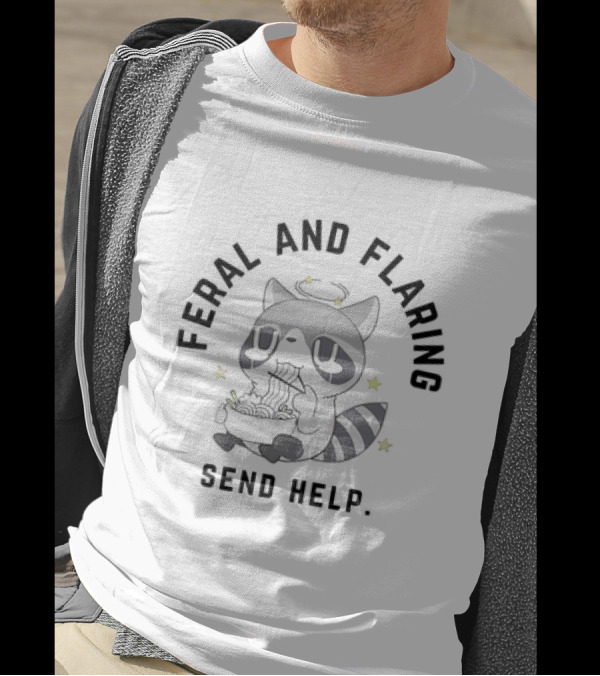 Feral And Flaring Raccoon Send Help Eating Noodles T-Shirt