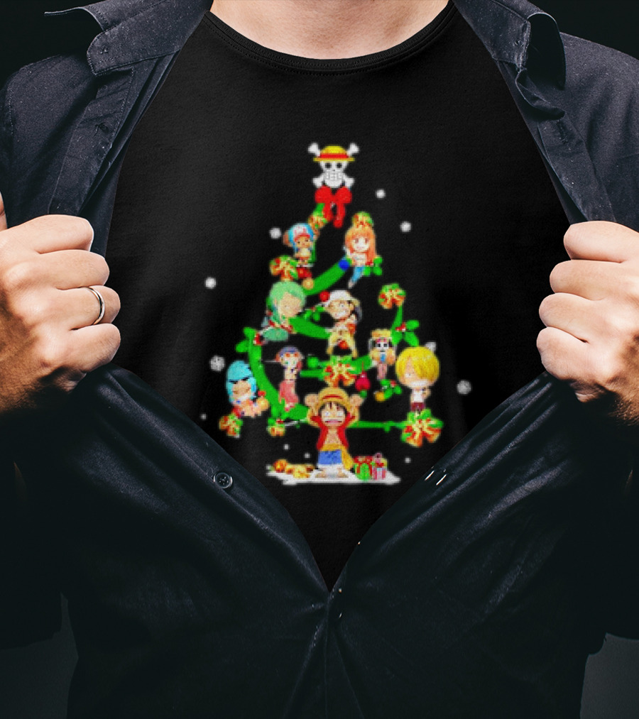 One Piece Chibi Characters Decorate Christmas Tree With Straw Hat Skull Topper T-Shirt