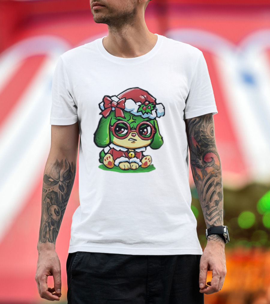 Grumpy Dog in Santa Hat with Holly and Bow for Christmas Holiday T-Shirt
