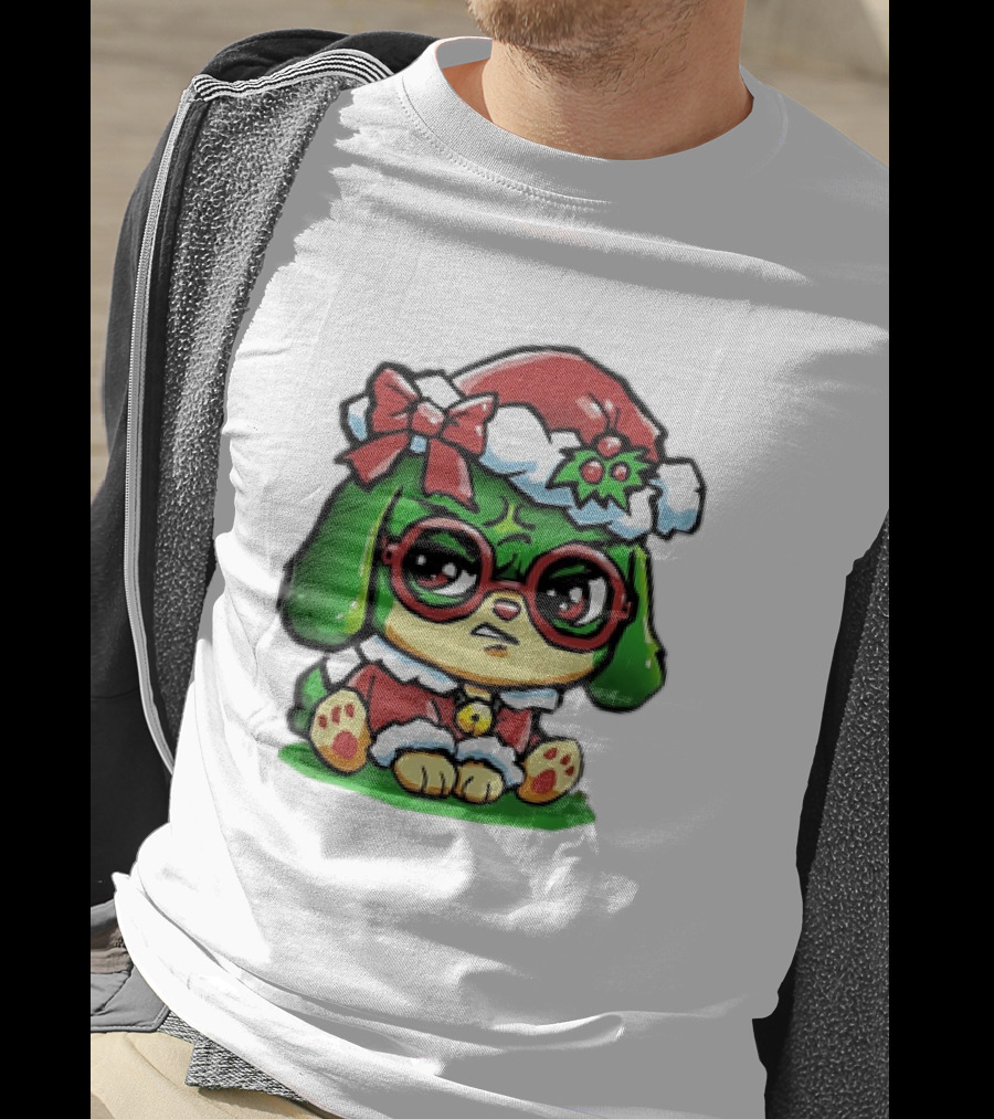 Grumpy Dog In Santa Hat With Holly And Bow For Christmas Holiday T-Shirt