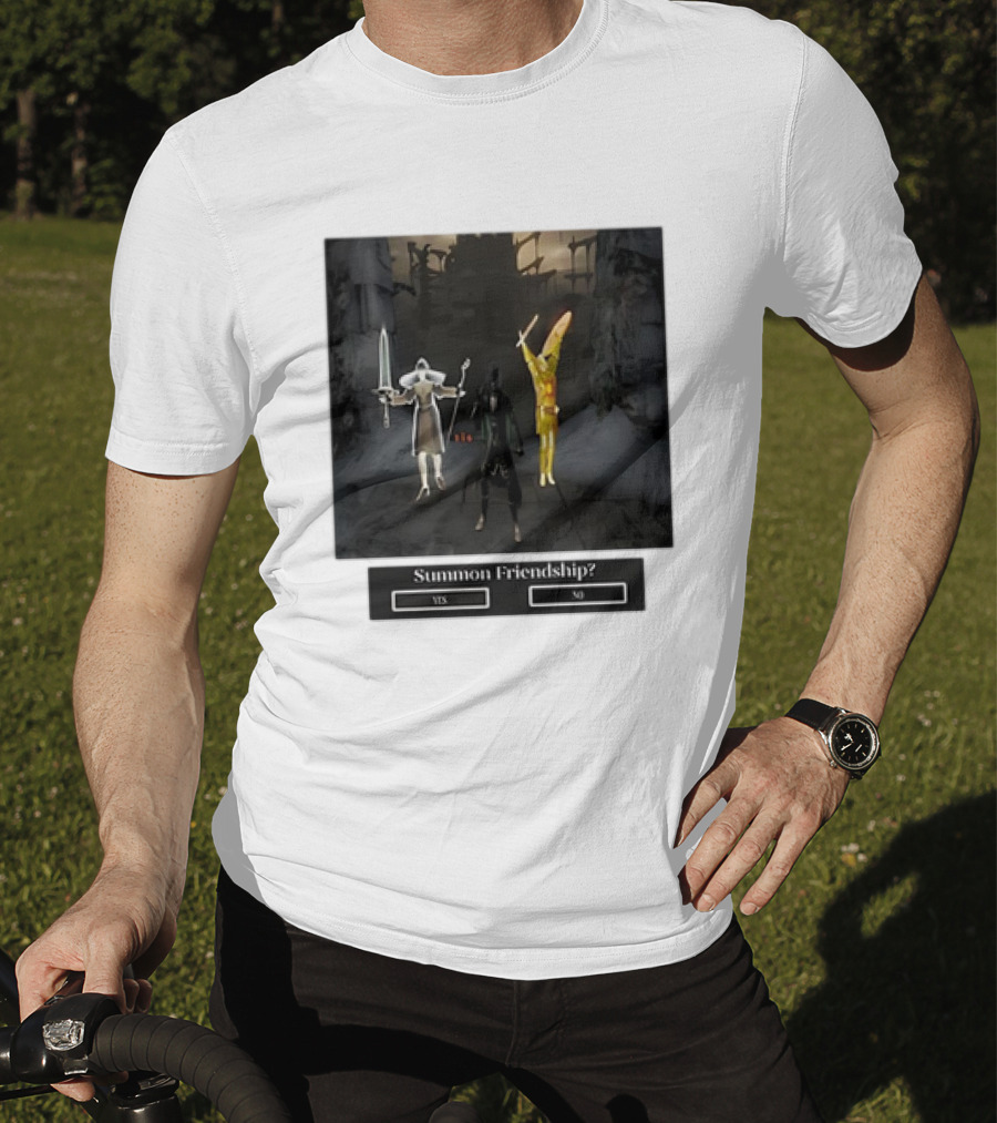 Summon Friendship? Yes No Characters With Swords And Wings T-Shirt