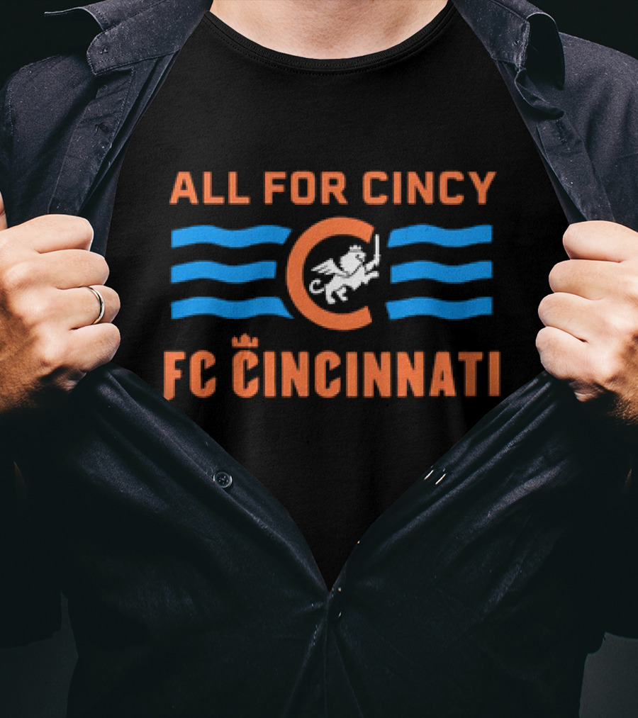 All For Cincy FC Cincinnati Winged Lion Logo With Blue Waves T-Shirt