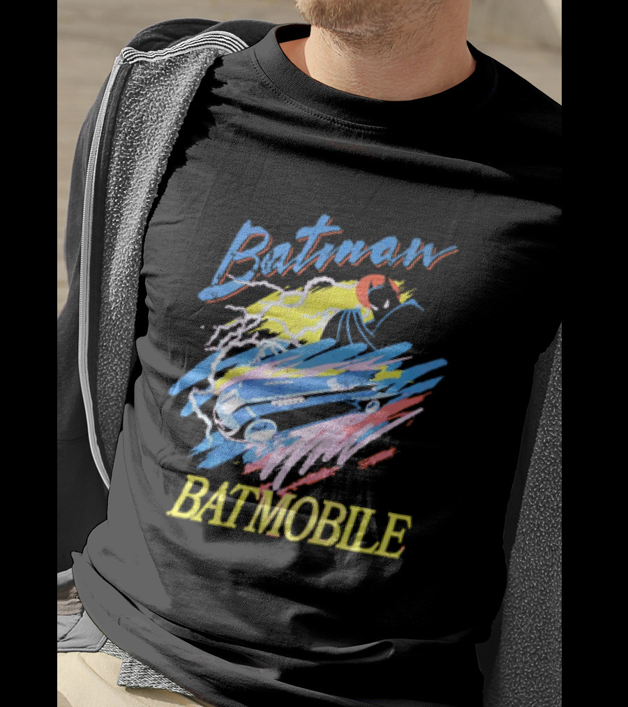 Batman Batmobile Vintage Retro Style Artwork Lightning Burst T-Shirt