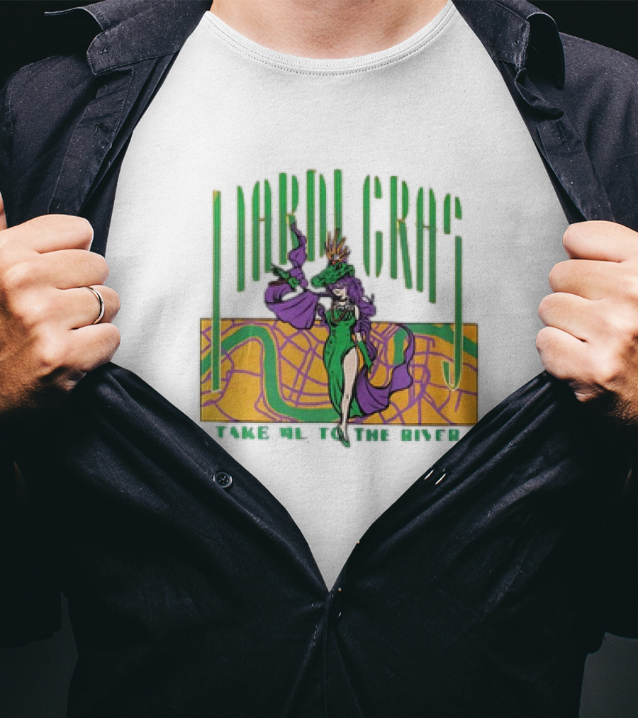 Mardi Gras Masked Dancer Take Me To The River With Map Background T-Shirt