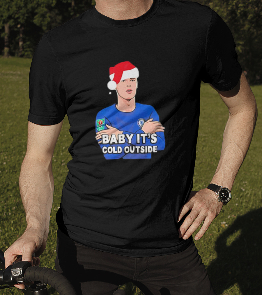 Baby It's Cold Outside Santa Hat Footballer In Blue T-Shirt