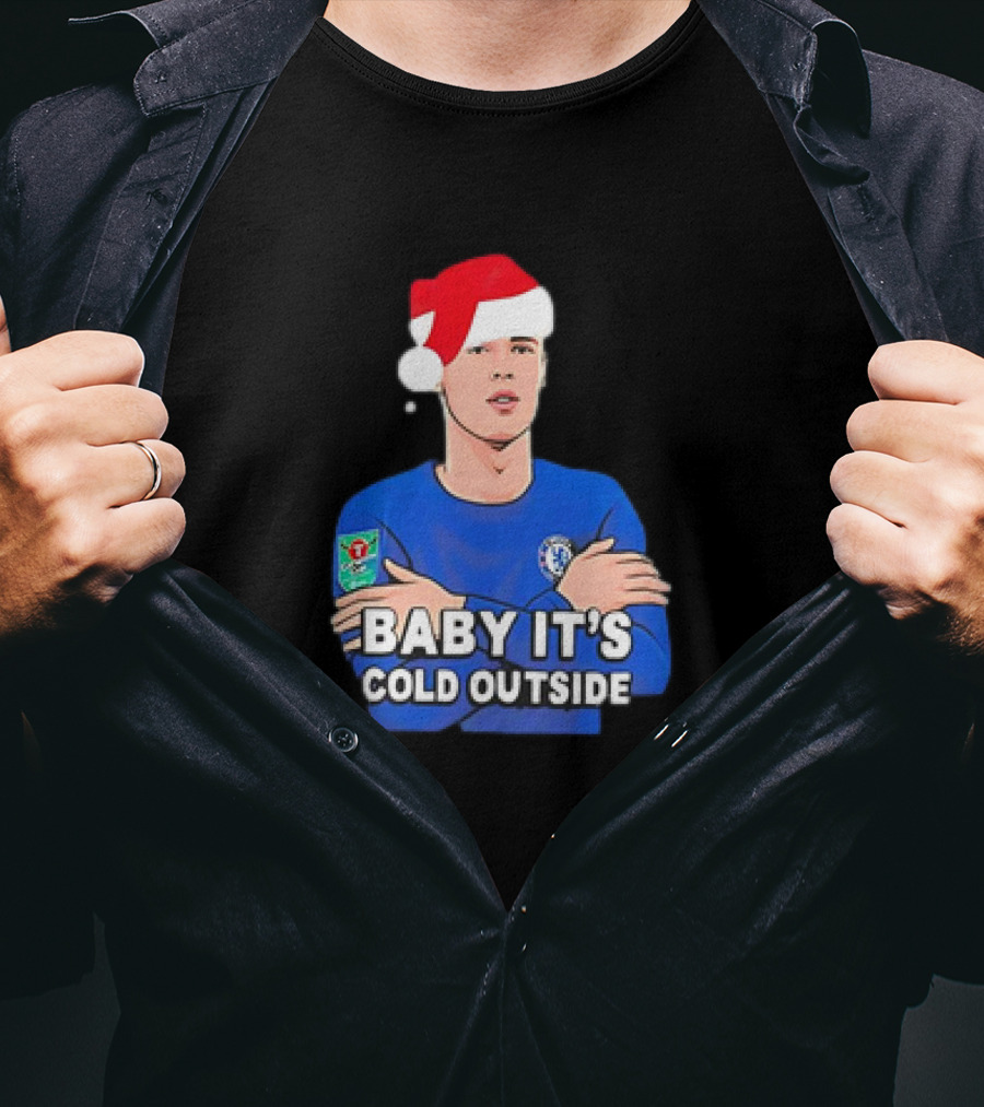 Baby It's Cold Outside Santa Hat Footballer In Blue T-Shirt
