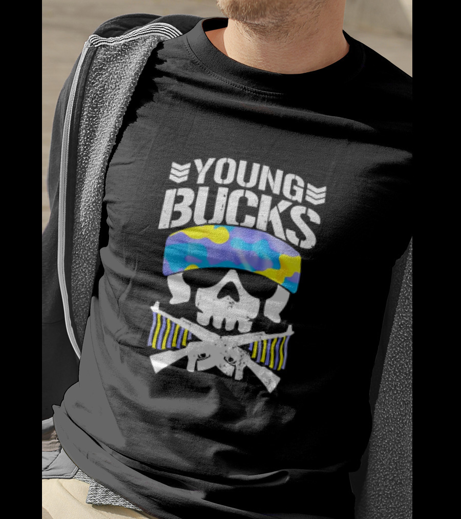 Young Bucks Skull With Camo Headband And Crossed Rifles T-Shirt
