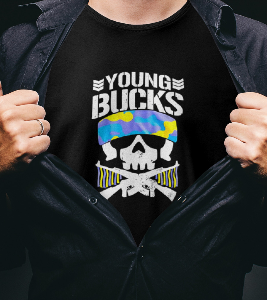 Young Bucks Skull With Camo Headband And Crossed Rifles T-Shirt
