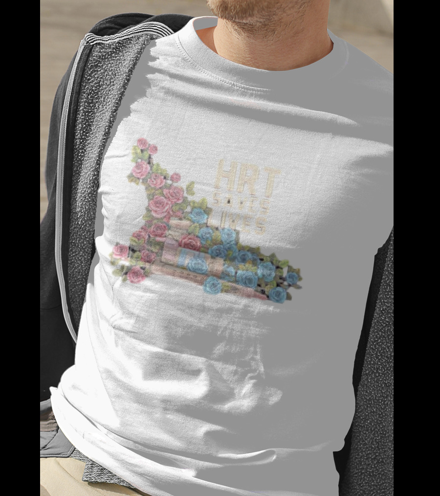 HRT Saves Lives Floral Design With Pink And Blue Roses And Medical Supplies T-Shirt
