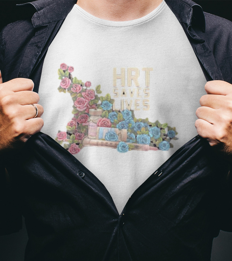 HRT Saves Lives Floral Design With Pink And Blue Roses And Medical Supplies T-Shirt