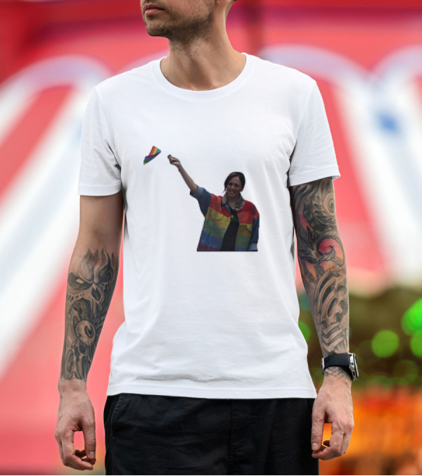 Premium T-Shirt: Kamala Harris Holding Rainbow Pride Flag T-Shirt Kamala Harris Holding Rainbow Pride Flag T-Shirt
