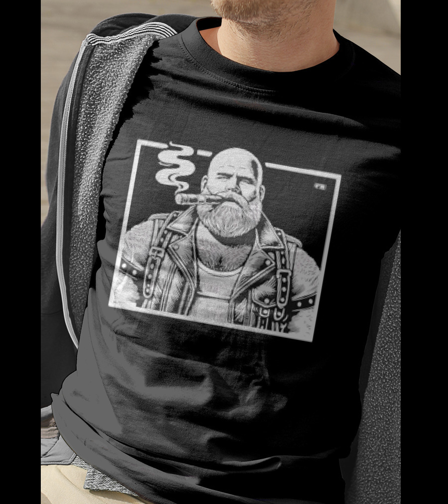 Cigar Daddy Bearded Biker In Leather Jacket T-Shirt