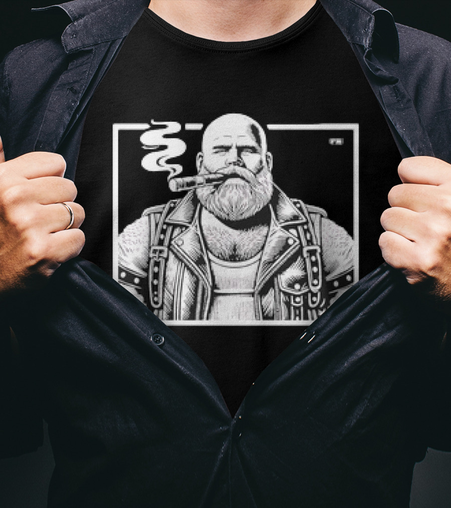 Cigar Daddy Bearded Biker In Leather Jacket T-Shirt