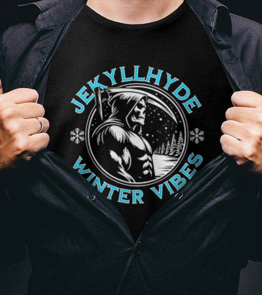 Jekyllhyde Winter Vibes Skeleton Hooded Figure Snowflakes Forest Scene T-Shirt