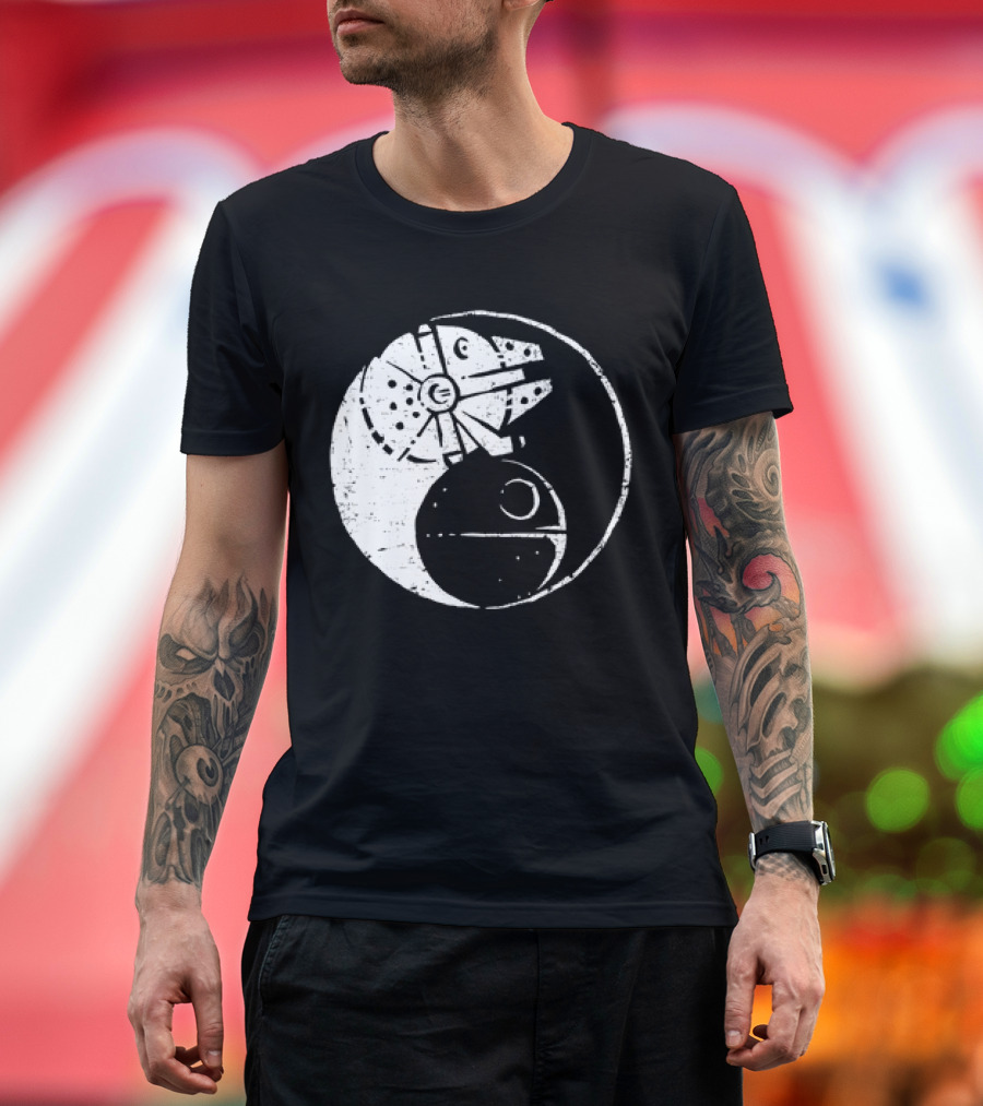 Millennium Falcon and Death Star Yin Yang Balancing The Force T-Shirt
